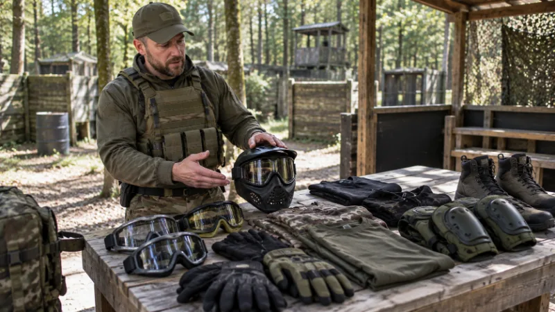 Airsoft marshal displaying protective safety equipment at a UK woodland venue