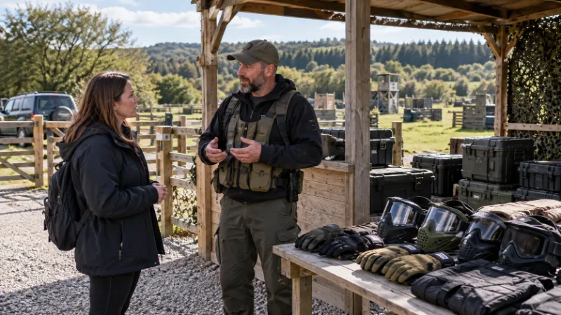 Female parent discussing minimum airsoft age rules with a marshal at a UK outdoor venue