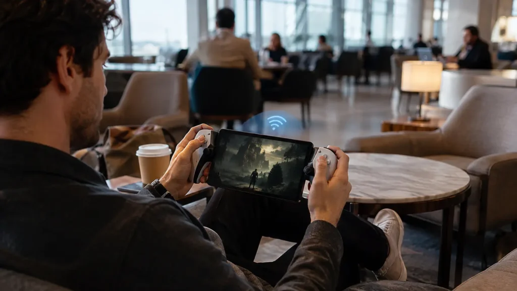 Adult using a PlayStation Portal in a public place away from home, showing portable cloud gaming without a PS5.