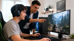 Beginner gamers learning skills and strategies