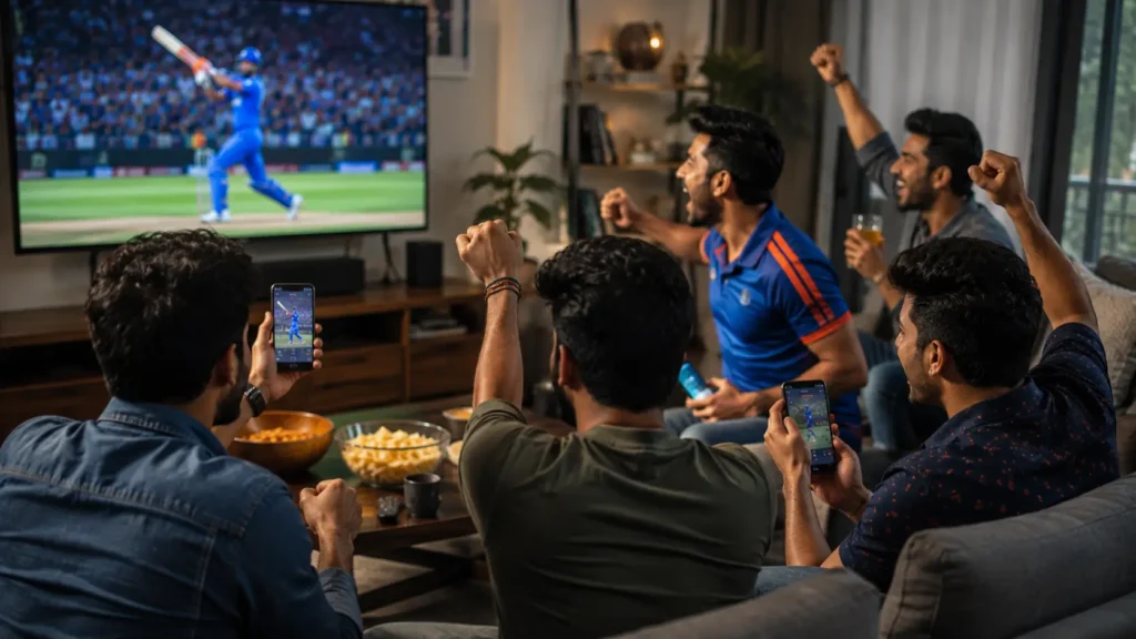 Cricket fans engaging with live match action through digital devices
