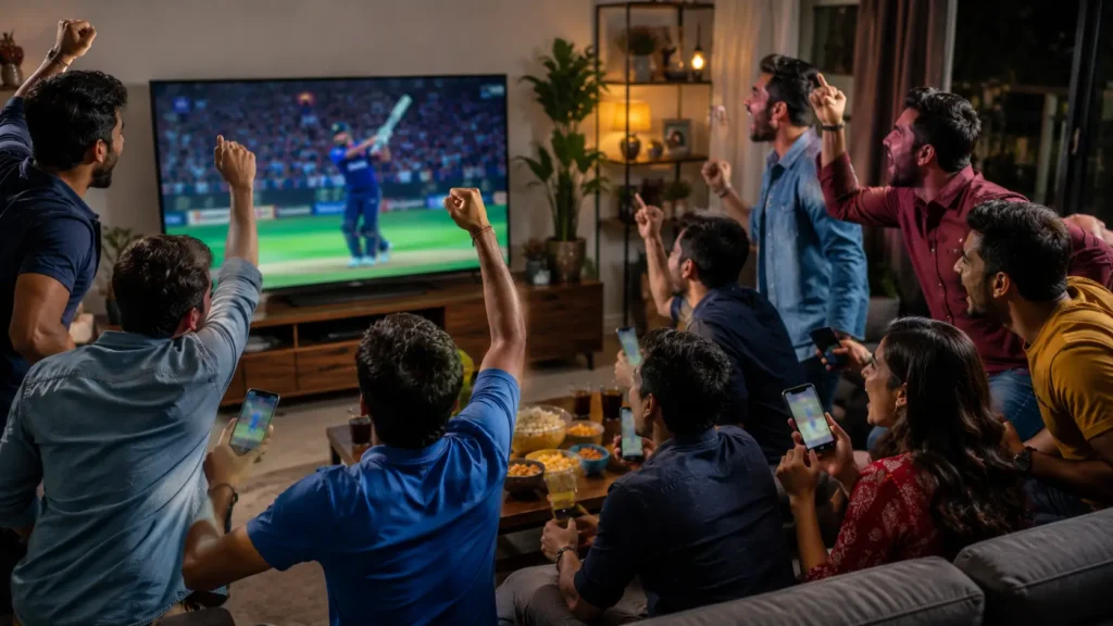 Cricket supporters using mobile devices during a major live tournament.