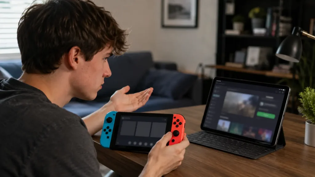 Gamer comparing a Nintendo Switch with another device to show Roblox is not officially supported on Switch.