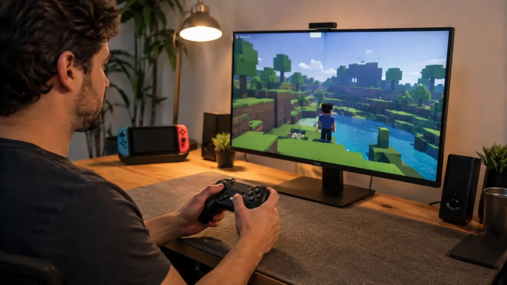 Gamer using a Nintendo-style controller with Roblox on a compatible computer in a realistic home setup