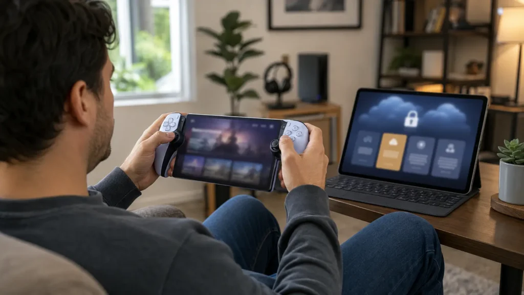 Person using a PlayStation Portal beside a laptop in a realistic home setup suggesting subscription-based cloud gaming access