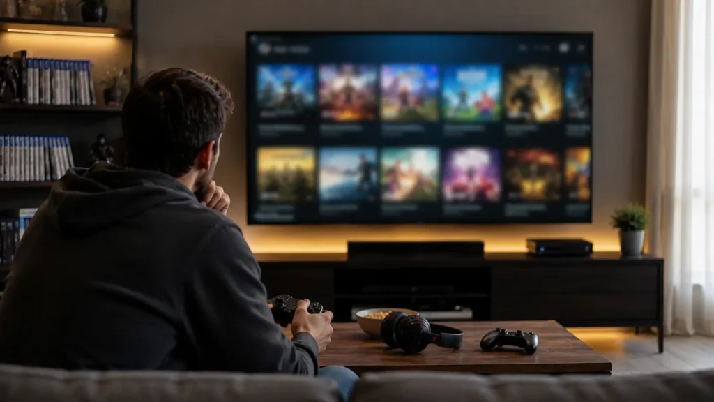 Wide editorial image of a gamer browsing a blurred console game subscription library representing how Game Pass can influence Xbox rankings.