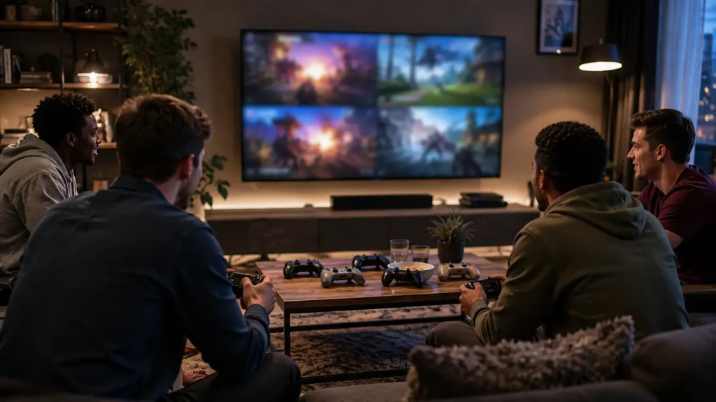 Wide editorial image of friends enjoying an online multiplayer gaming session representing why popular console games continue attracting players.